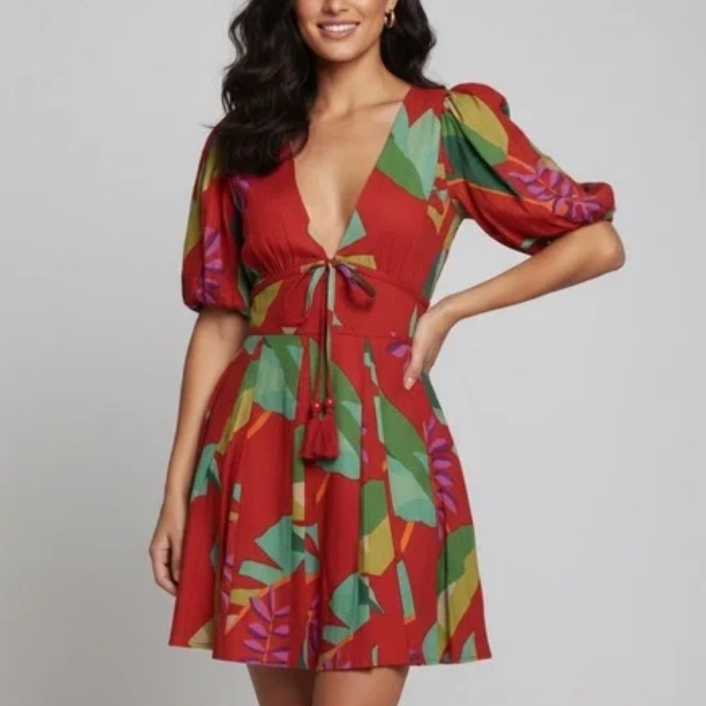 HOUSE OF HARLOW 1960: Red Multicolor Puff Sleeve Dress
